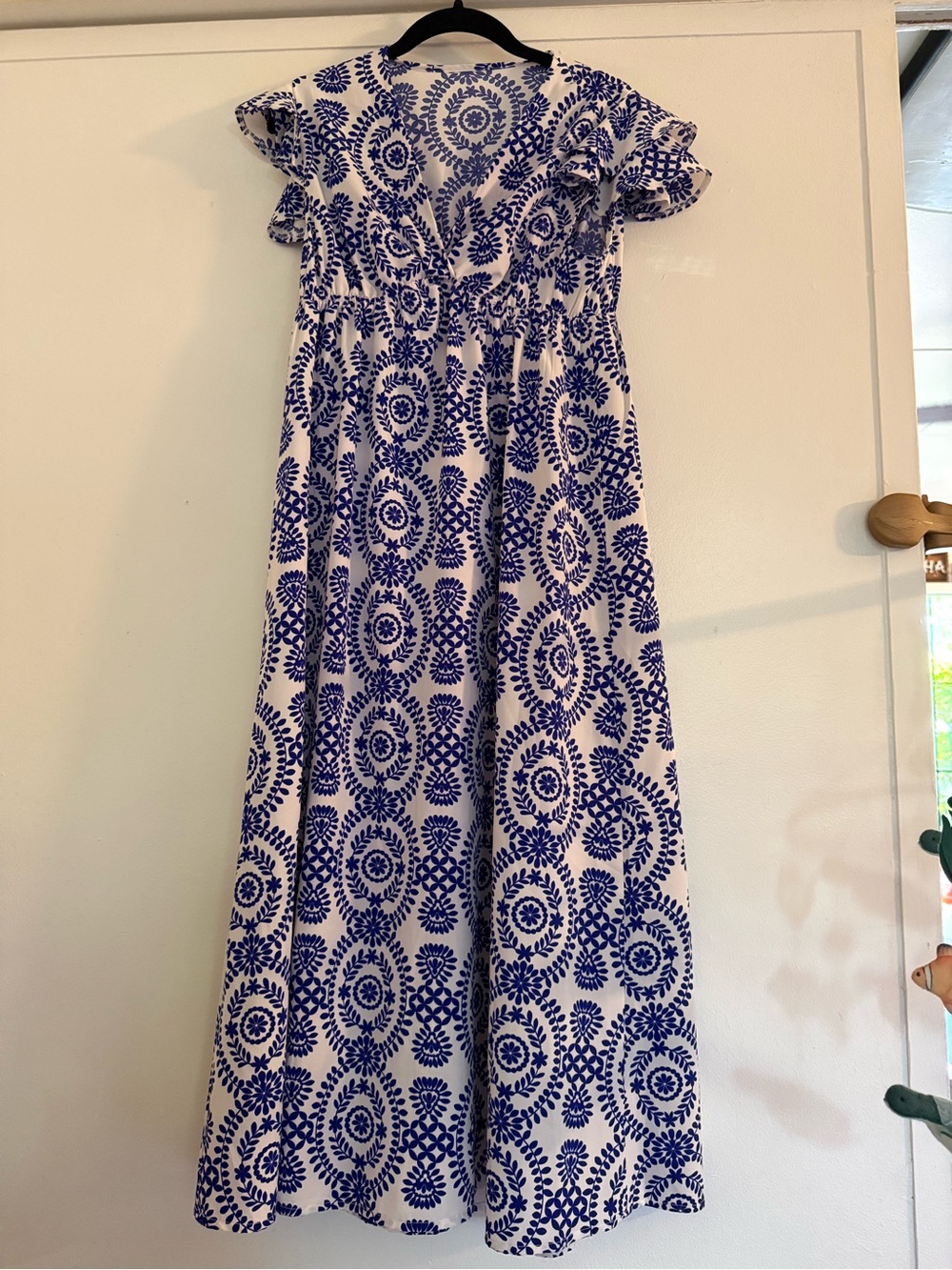 White Maxi Dress with Blue Medallion Print